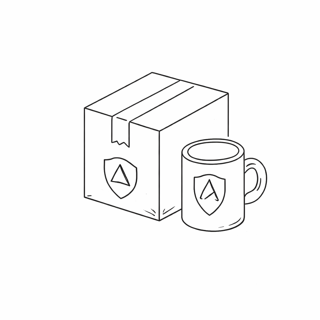 Immagine in bianco e nero di una scatola e di una tazza con un logo.