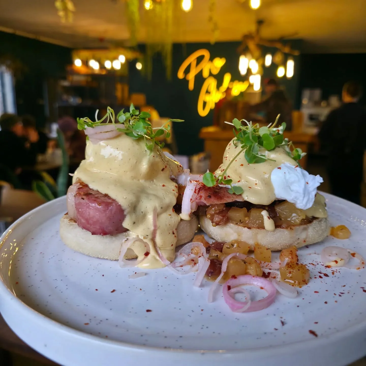 ⚡NEW SPECIAL⚡ Brighten up your rainy Friday with this tasty little plate of food - smoked bacon chop bene - with apple and sultana chutney, pickled shallots, poachies, draped in silky brown butter hollandaise on a toasted bakehouse English muffin. PH