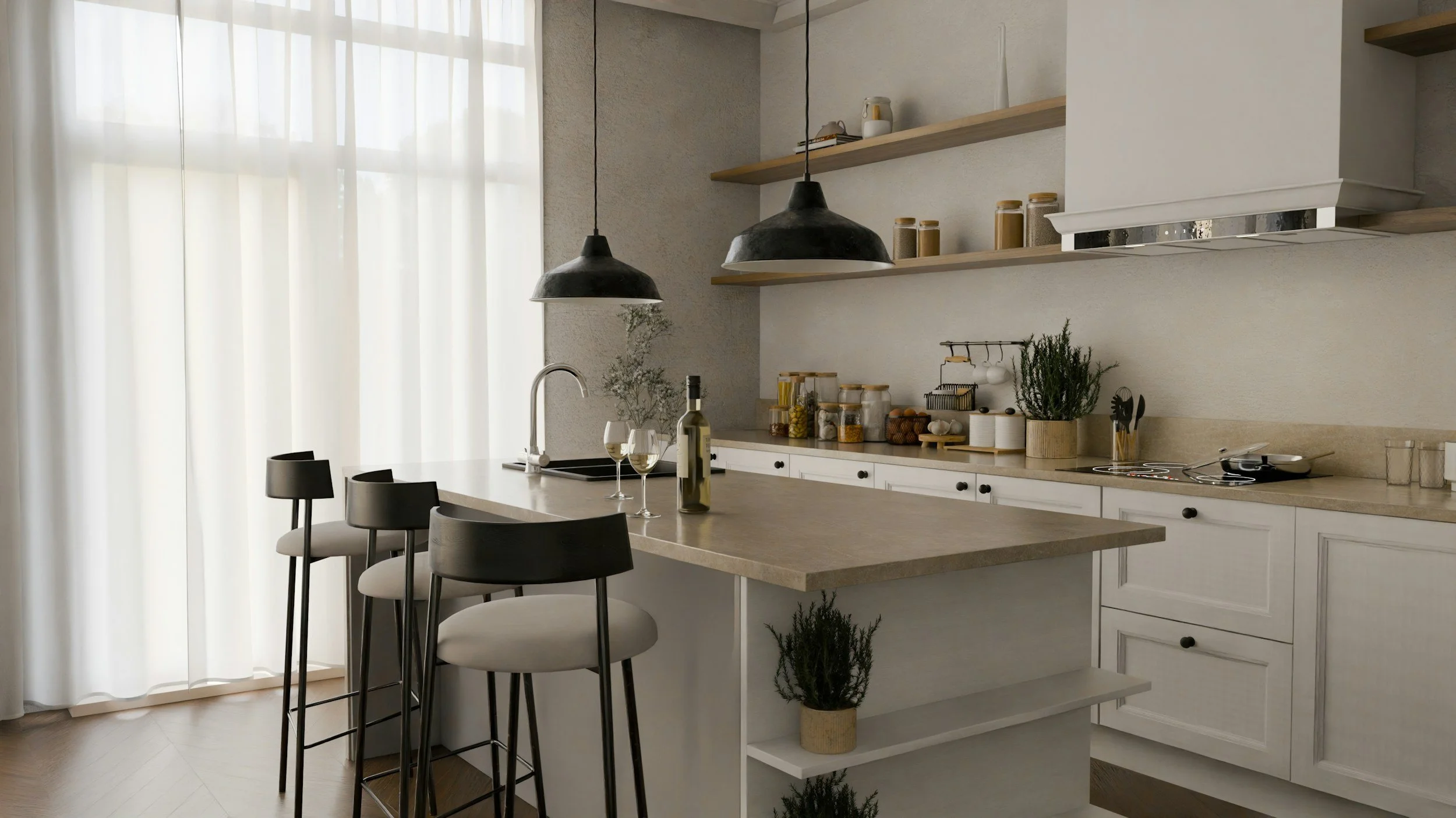 Modern kitchen with white cabinetry, beige countertops, black pendant lights, and a kitchen island with barstools. There are jars, a wine bottle, and two glasses of wine on the island, and shelves with jars and plants on the wall.