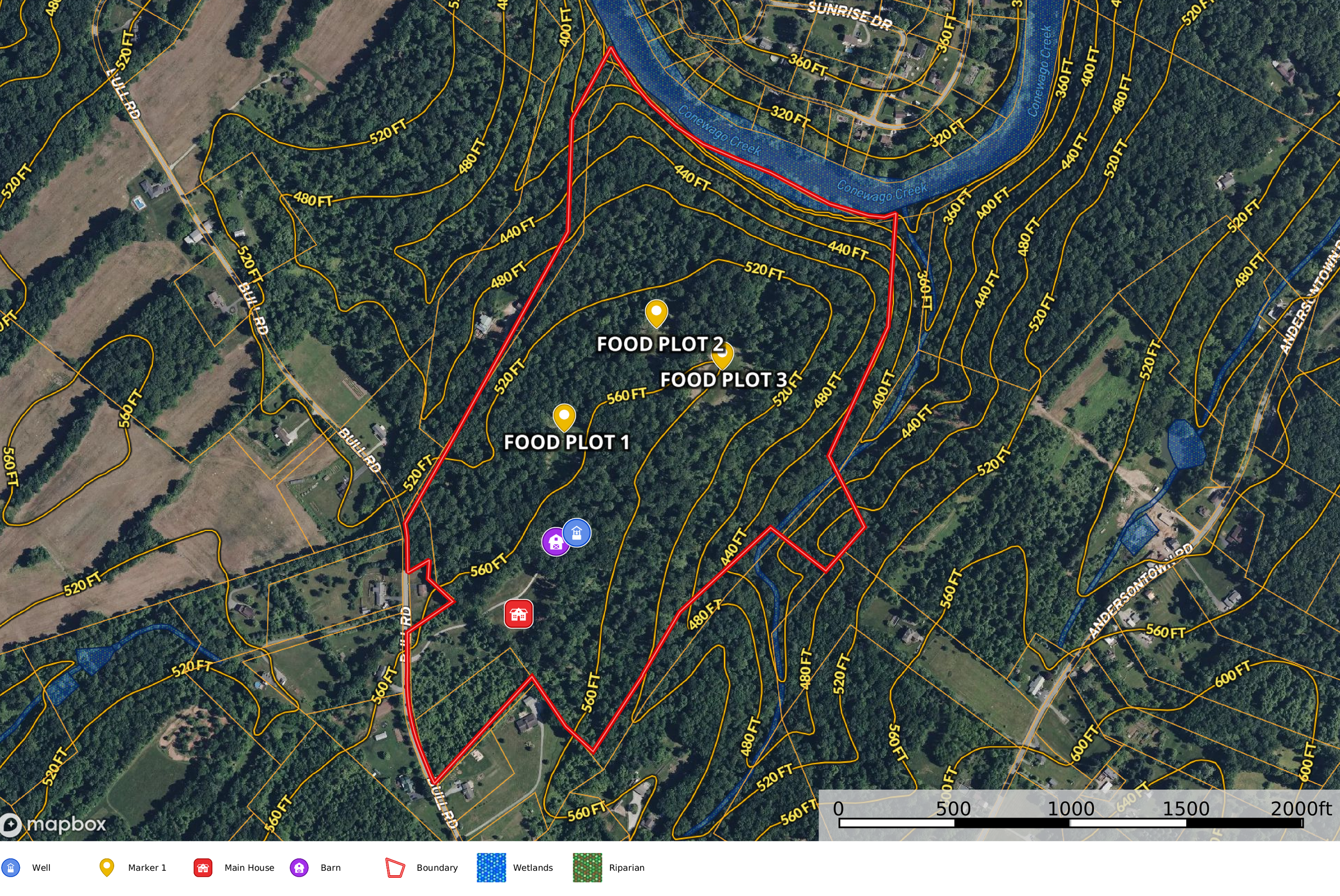 A detailed topographic map of a property with boundary lines marked in red, showing contour lines with elevation in feet, wetlands in blue, and riparian zones in green. The map features labeled points including three food plots, a main house, a barn, and a well. Roads and streams are also visible.
