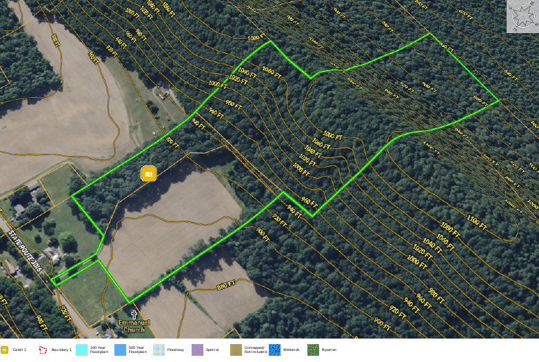 A map showing a plotted land boundary outlined in green, with topographic contour lines indicating elevation, nearby roads, trees, fields, and a church labeled 'Emmanuel' at the bottom left.
