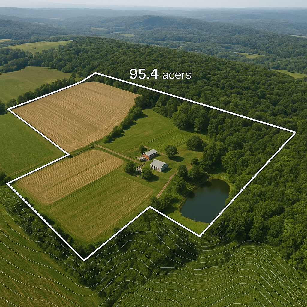Aerial view of a farm with fields, houses, a pond, and wooded areas, outlined with a white border, indicating 95.4 acres.
