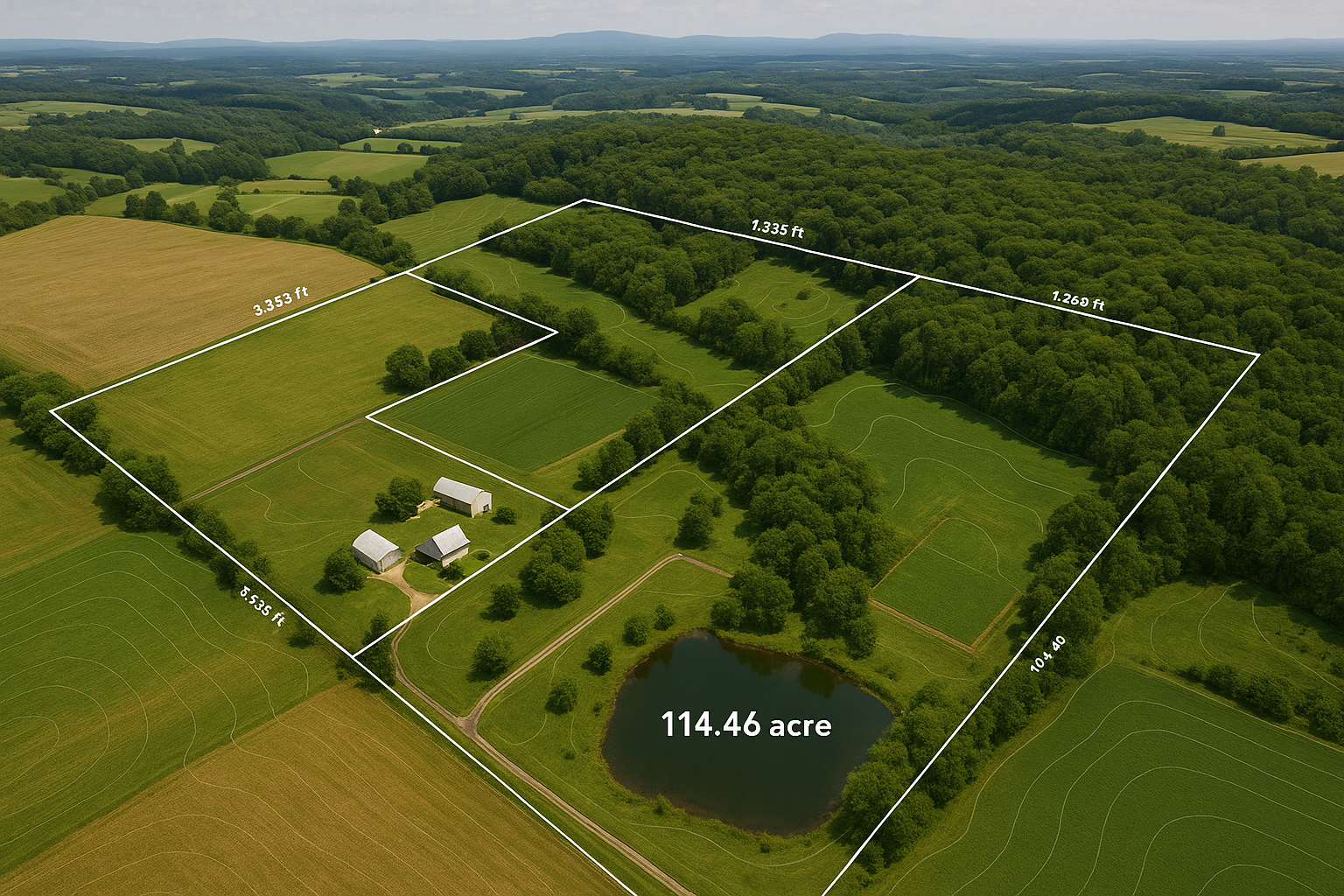 Aerial view of a large rural property with divided sections marked by white lines and measurements, featuring a pond, several barns, and lush green fields, with rolling hills in the background.