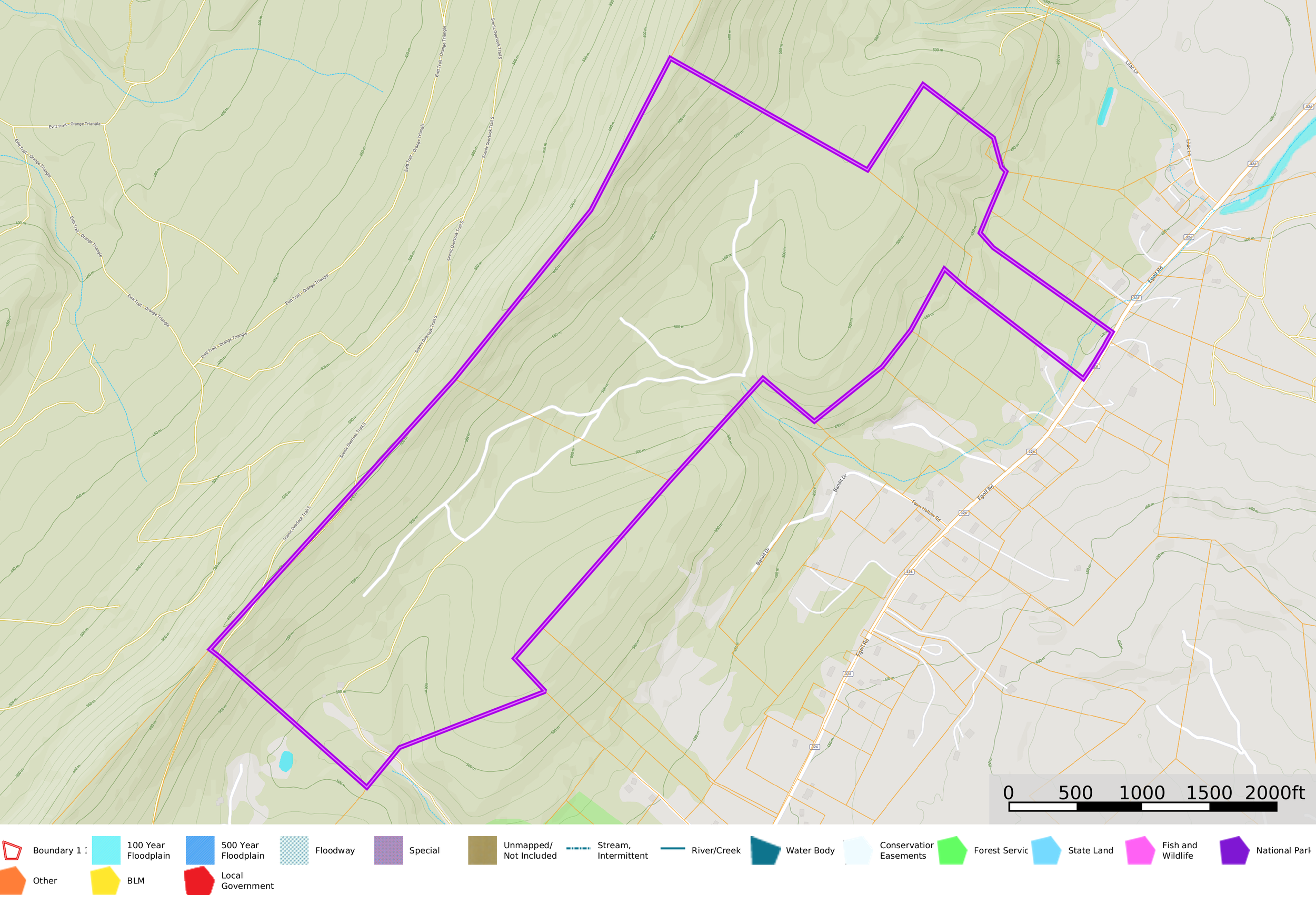 Map of a national park area with hiking trails marked in white and boundary in purple, showing streams, floodplains, and forests. The legend indicates various land uses and features, including floodplain zones, a water body, and conservation easements.