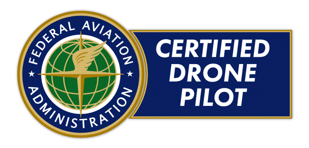 A certification badge indicating the holder is a certified drone pilot from the Federal Aviation Administration, featuring a circular emblem with a globe, an eagle's wing, and a pilot's wings icon, alongside text.