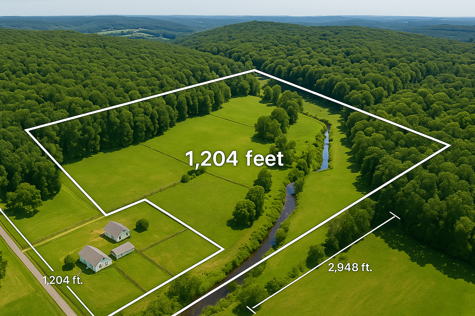 Aerial view of a large rectangular green property with a river running through it, surrounded by dense trees, with a smaller fenced-in area containing two houses and a shed near a road. The property measurements are labeled as 1,204 feet by 2,948 feet.
