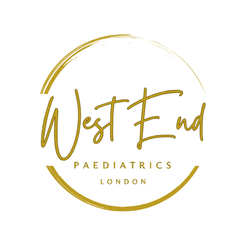 West End Paediatrics London logo in gold on a black background, featuring stylized text and a partial circular design.