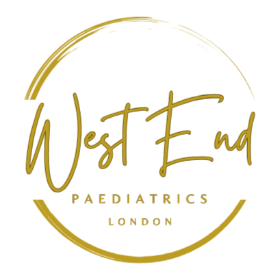 Logo for West End Paediatrics, London, featuring gold text and a circular design on a black background.