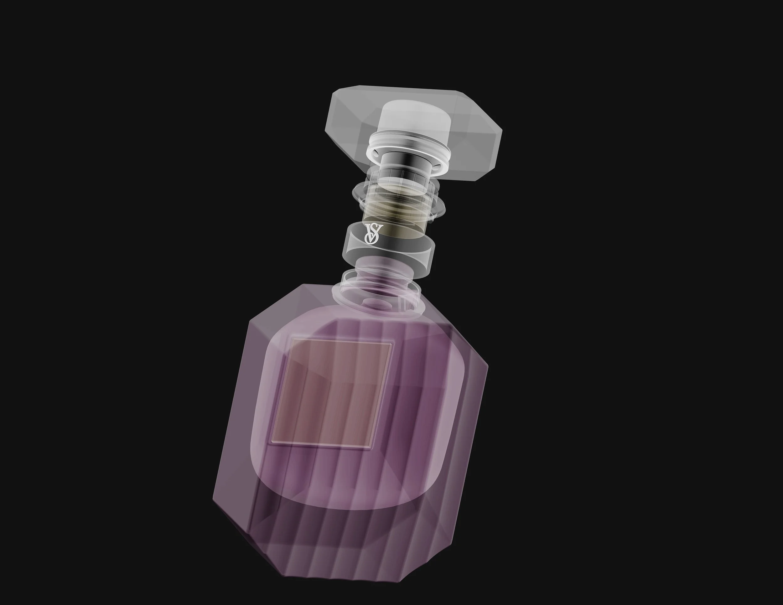 A digital rendering of a perfume bottle with a purple hue and a modern geometric design, viewed from an angle against a black background.