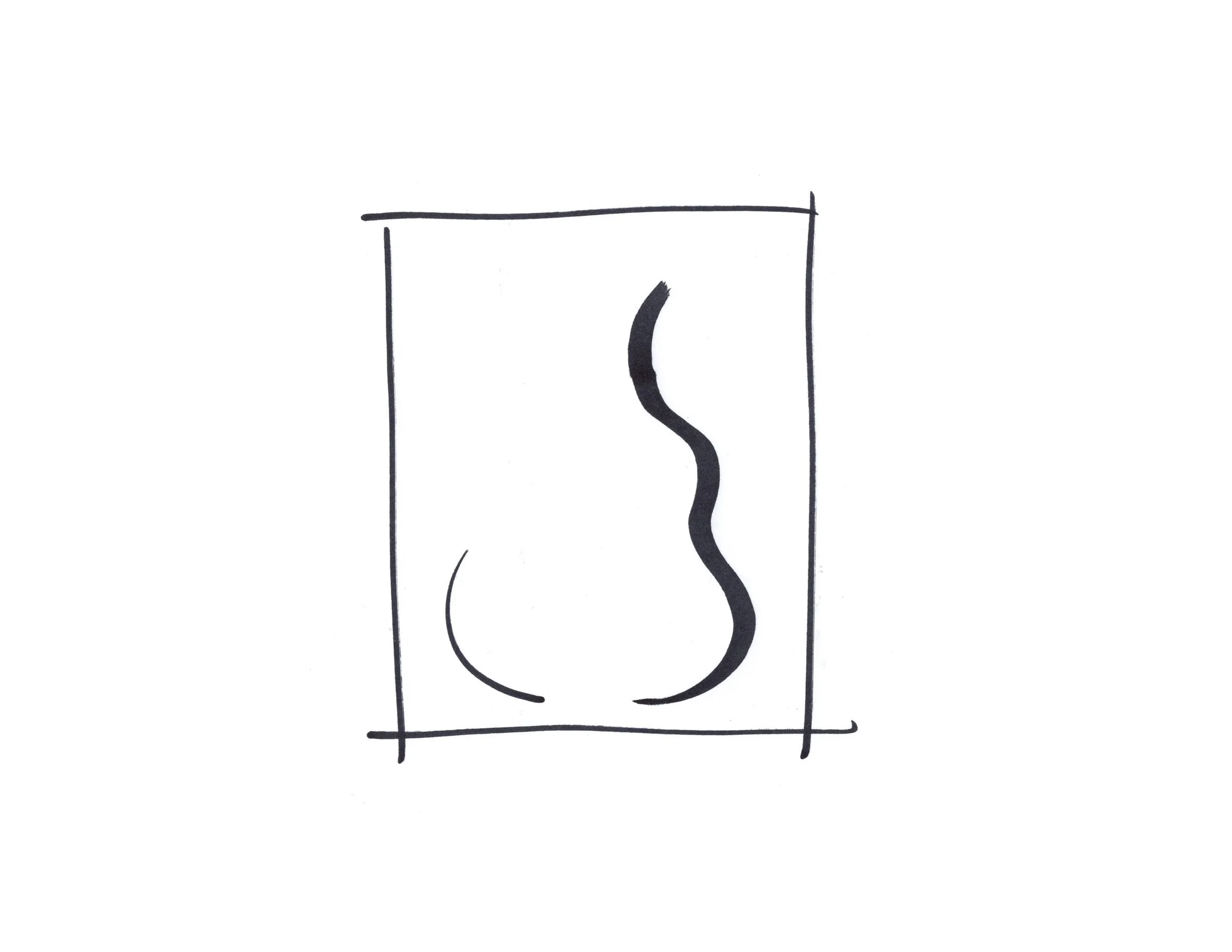 Simple black line drawing of a rectangle containing a wavy vertical line and a curved line, resembling a bottle on a white background.