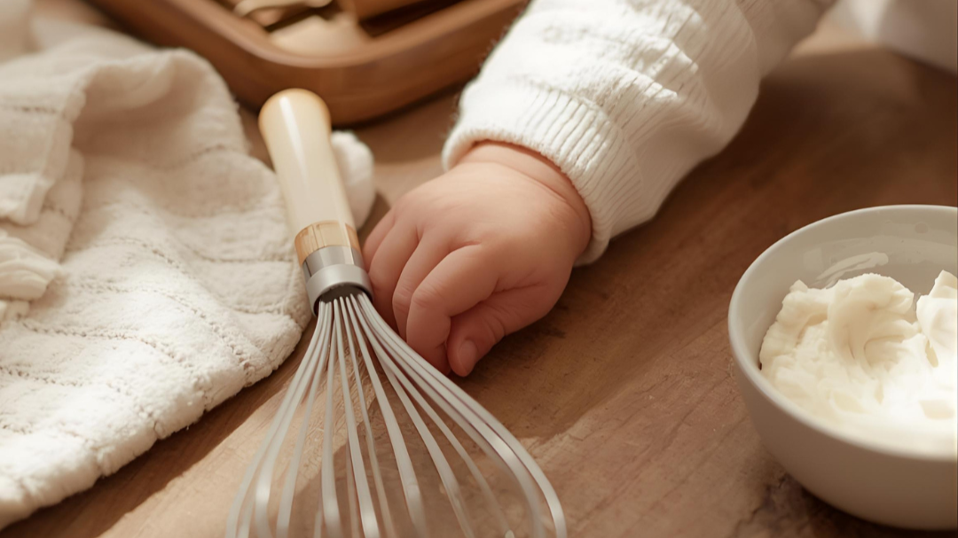 Close-up of a child's hand holding a whisk on a wooden table, surrounded by a bowl of whipped cream and kitchen towels.