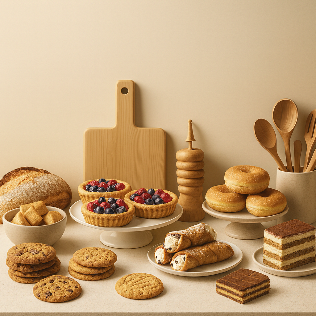Assorted baked goods including blueberry and raspberry tarts, cookies, cookies and cream-filled cannoli, layered cake, donuts, and loaf bread, with wooden utensils and a cutting board in the background.