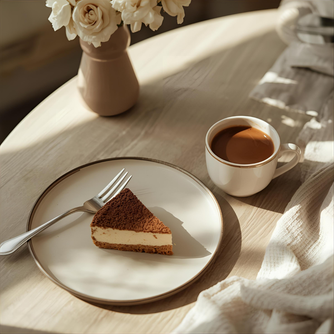 A slice of chocolate and vanilla layered cheesecake on a white plate with a fork, a cup of hot chocolate, and a pink vase with white flowers on a light wooden table.