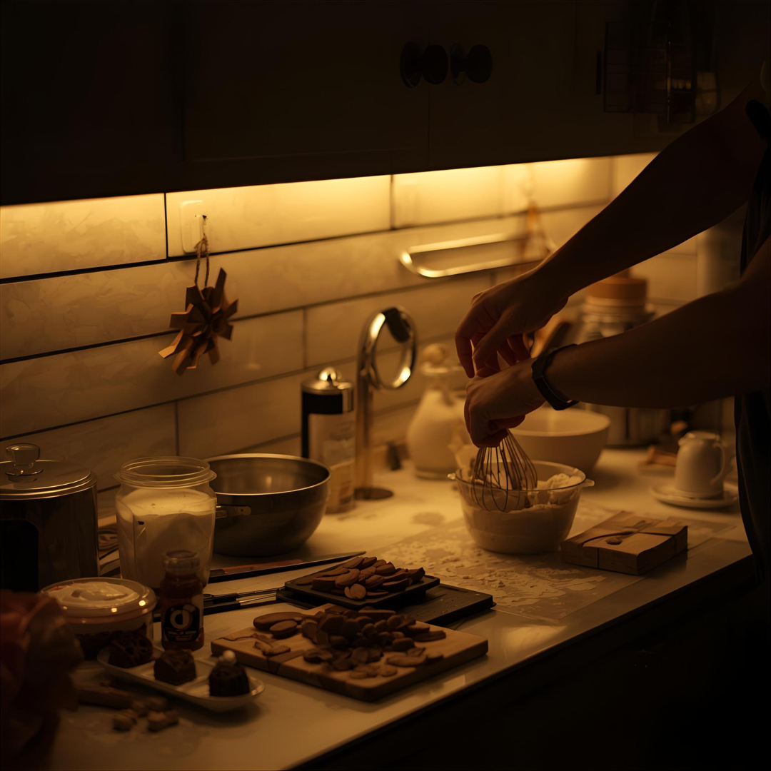 Person mixing ingredients in a bowl in a dimly lit kitchen.