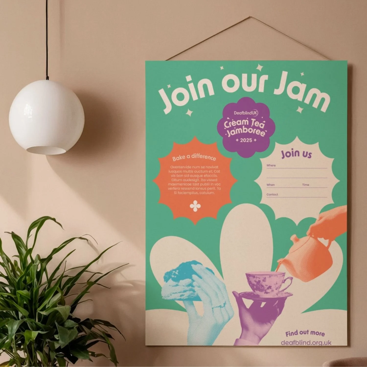 Event poster for Cream Teas Jamboree 2025 with information about joining, including location, date, and contact details, featuring illustrations of hands holding a steaming teapot and cup, surrounded by flowers.