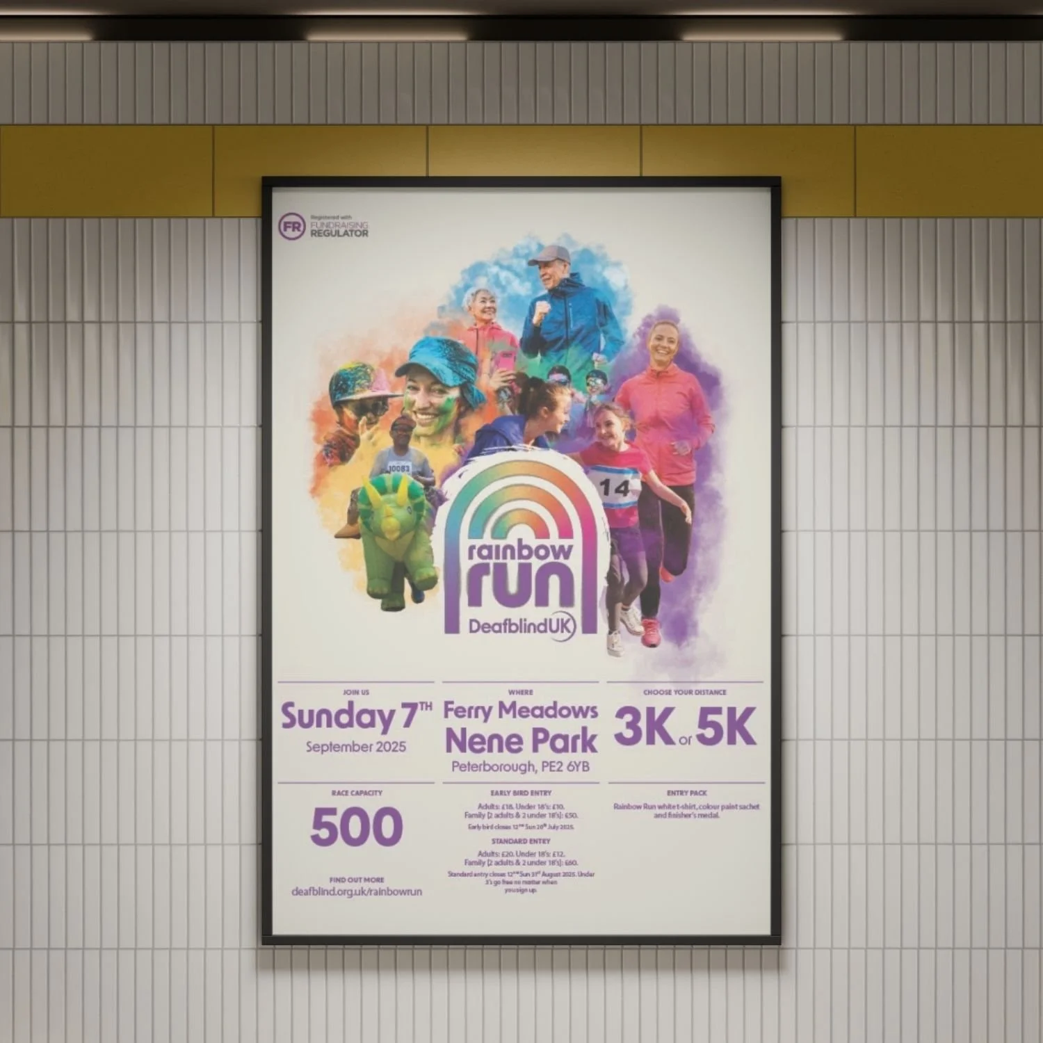 Poster for a Rainbow Run event organized by Deafblind UK, featuring diverse runners, including children and adults, with colorful splashes and a rainbow logo, details for the event scheduled for September 7, 2025, at Ferry Meadows, Nene Park, Peterborough, with options for 3K or 5K distances and race capacity of 500.