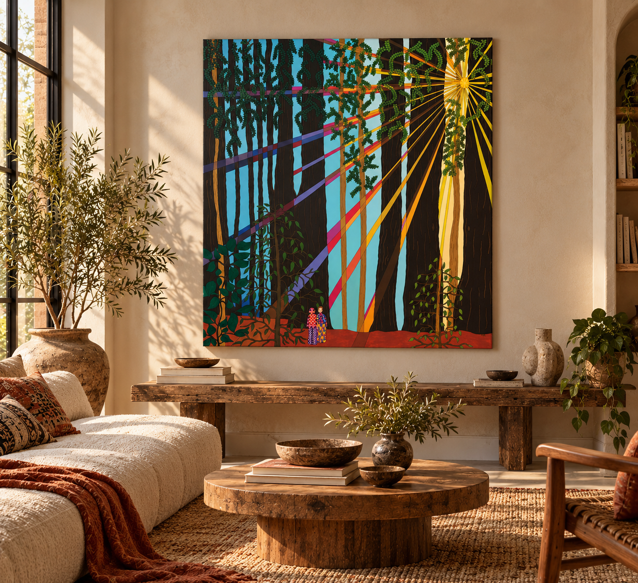 Sunlit Bohemian Forest Art Living Room.png