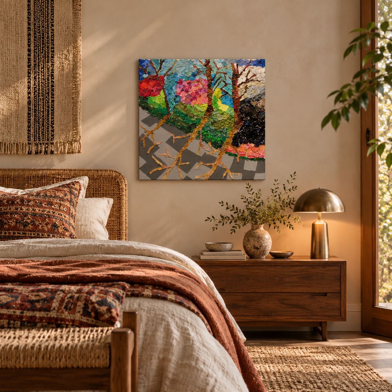 Sunlit Rustic Bedroom with Abstract Art.png
