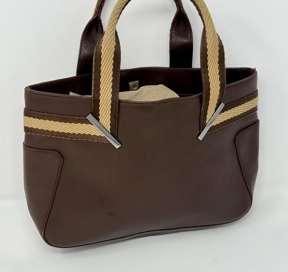 Gucci Brown Leather Tote With Webbed Handles