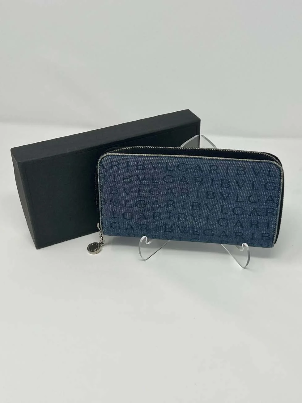 BVLGARI Blue Logo Zip-Around Wallet With Box