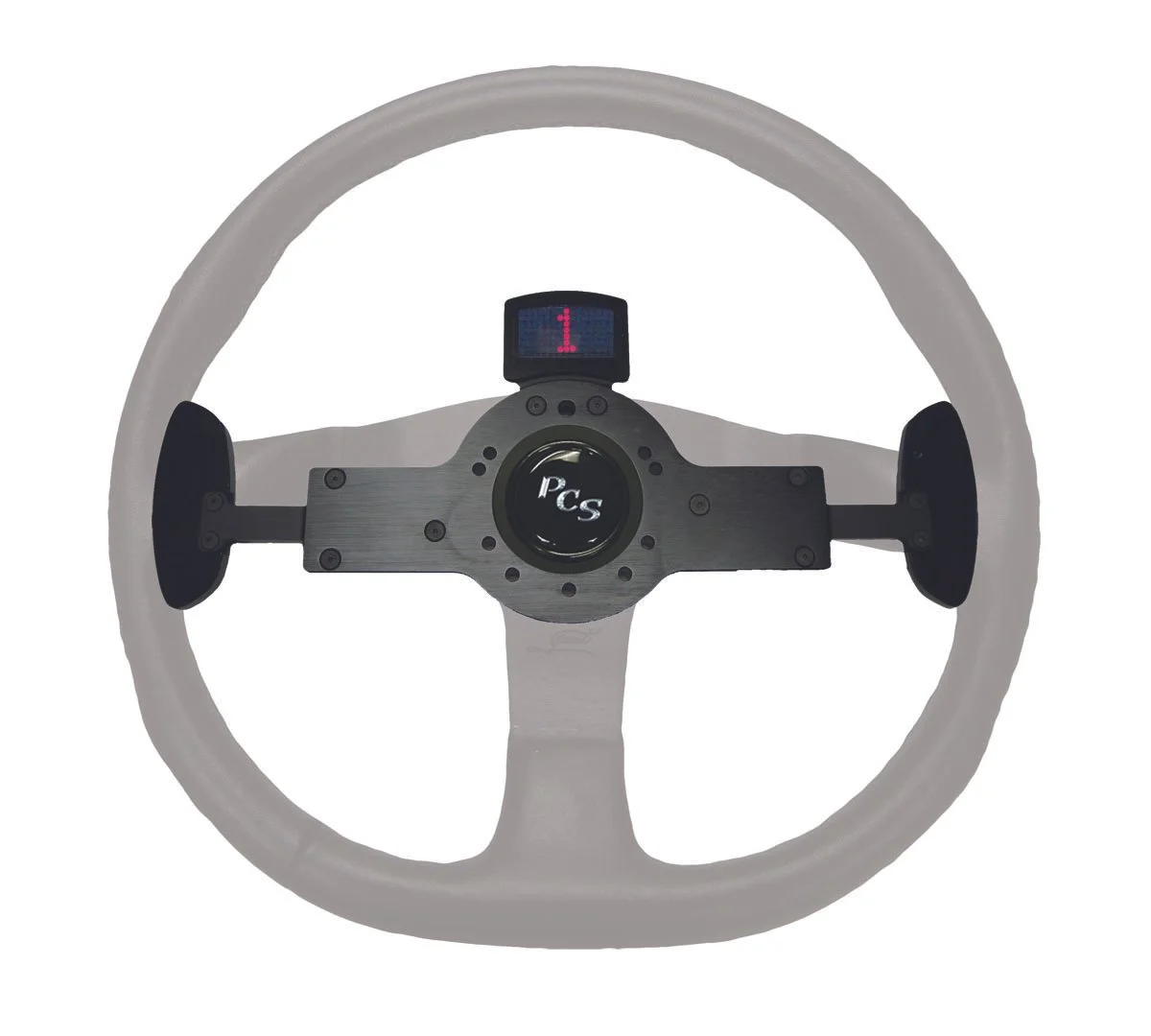 A racing car steering wheel with a metallic center labeled 'PCS' and a small digital display showing the number '1' at the top.