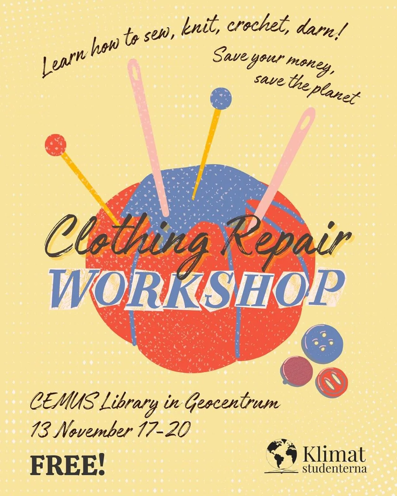 🧵✨ Give your clothes a second life! Join our Clothing Repair Workshop on Thursday, Nov 13, 2025, from 17:00&ndash;20:00. Learn simple repair techniques, share ideas, and make your wardrobe more sustainable 👕♻️