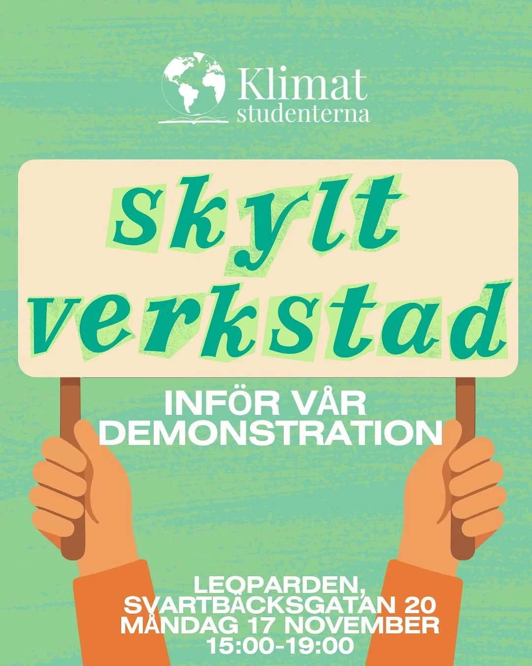 [English below or swipe]
🌍✨ Skyltverkstad p&aring; Leoparden! ✨🌍
M&aring;ndag 17 november kl 15-19 skapar vi tillsammans skyltar inf&ouml;r v&aring;r stora klimatdemonstration. 
&mdash;-
🌍✨ Signmaking Workshop at Leoparden! ✨🌍
Monday, November 17