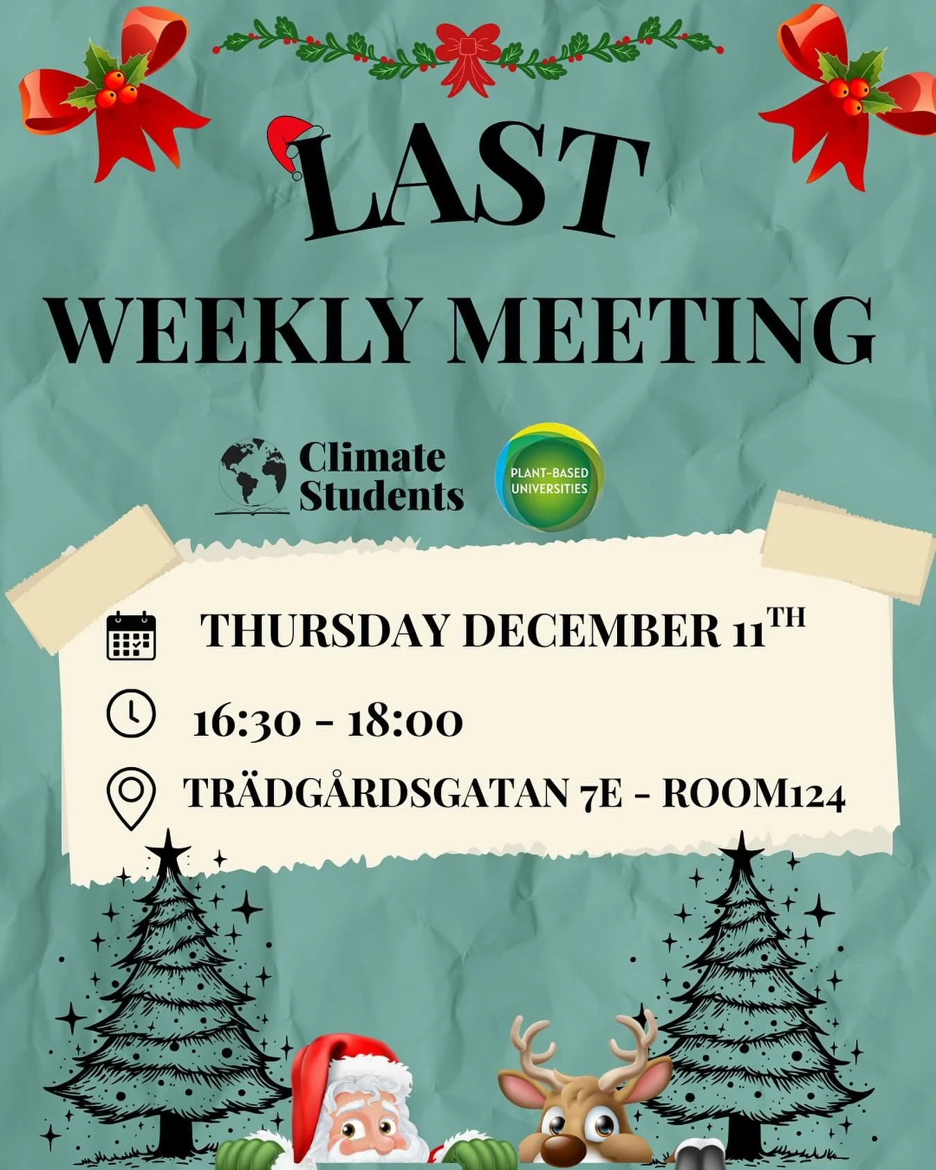 LAST MEETING OF THE YEAR is tomorrow 11th of December❄️ 

Bring good vibes and vegan/vegetarian snacks if you want 🫶🫶 

See you tomorrow ❤️
