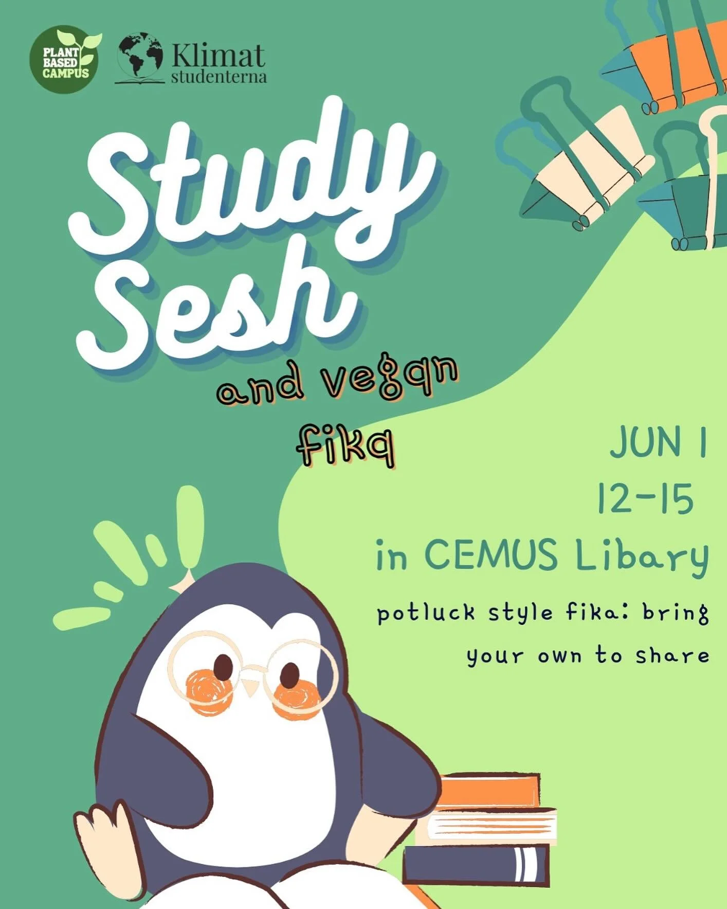 💚 attention everybody 💚 

As the year draws to a close, we at Klimatstudenterna Uppsala wanted to provide a space to hang out and get some studying done for our upcoming exams!! Come hang with us at CEMUS library for fika!!! 

🌱 1 Jun 12-15
🌱 CEM