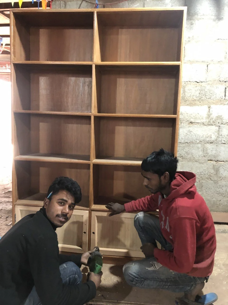  New bookshelves being built by carpenters in Kathmandu. 