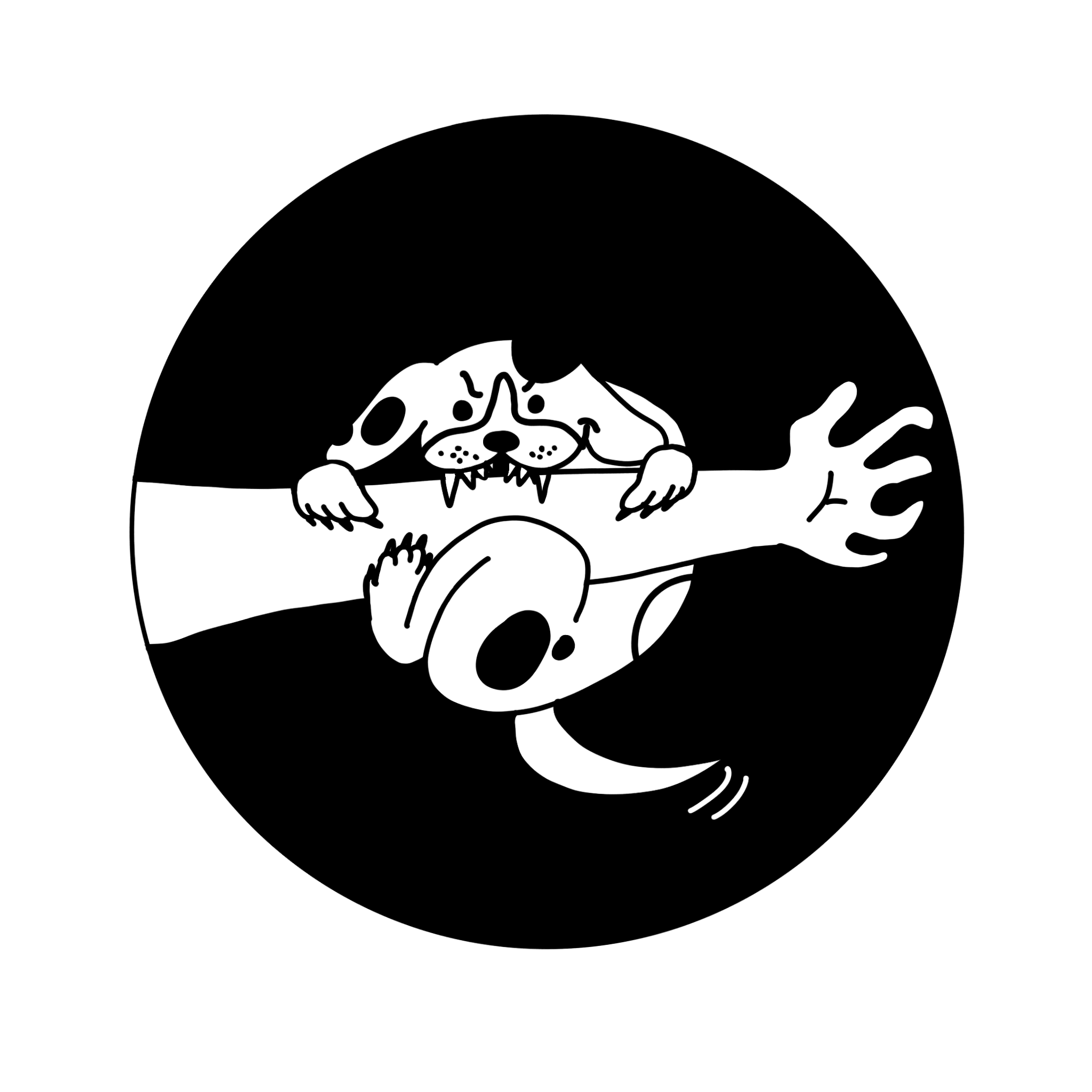 Illustrated Beagle puppy mischeviously biting and holding onto an outstretched human arm while wagging tail