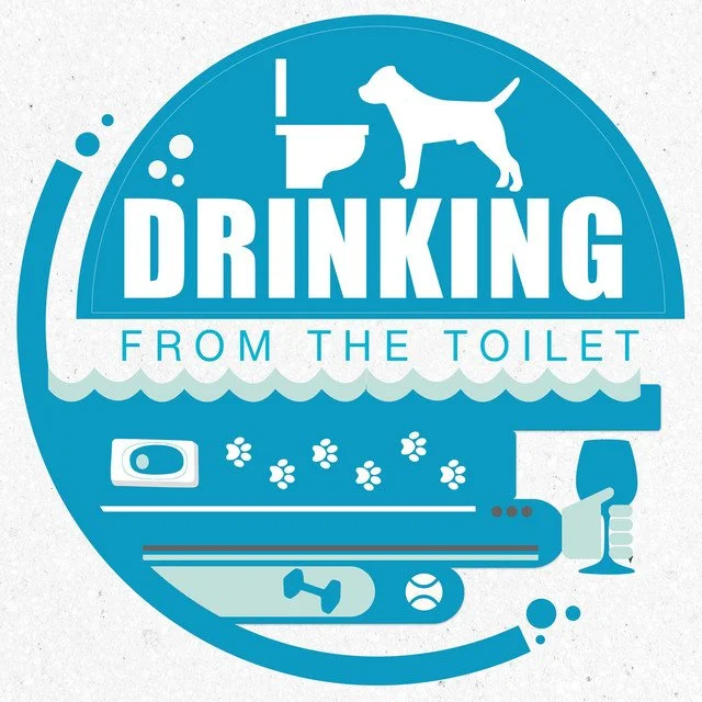 Podcast logo: dog and toilet, clicker, dog prints, wine glass, dumbell, tennis ball