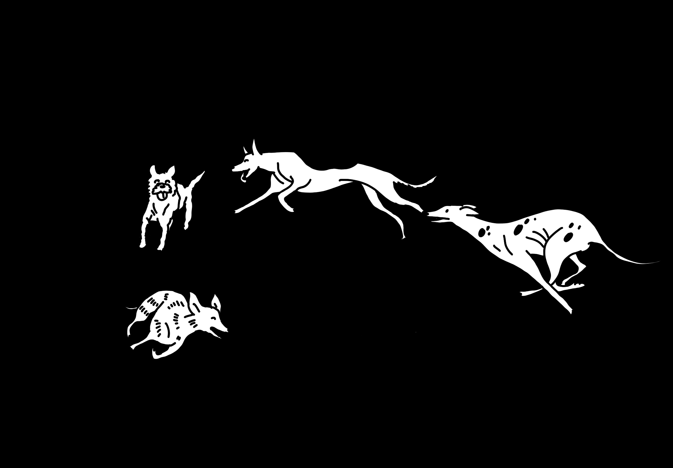 Illustrated Greyhound, German Shepherd, scruffy dog, and small striped dog happily playing chase in a circle