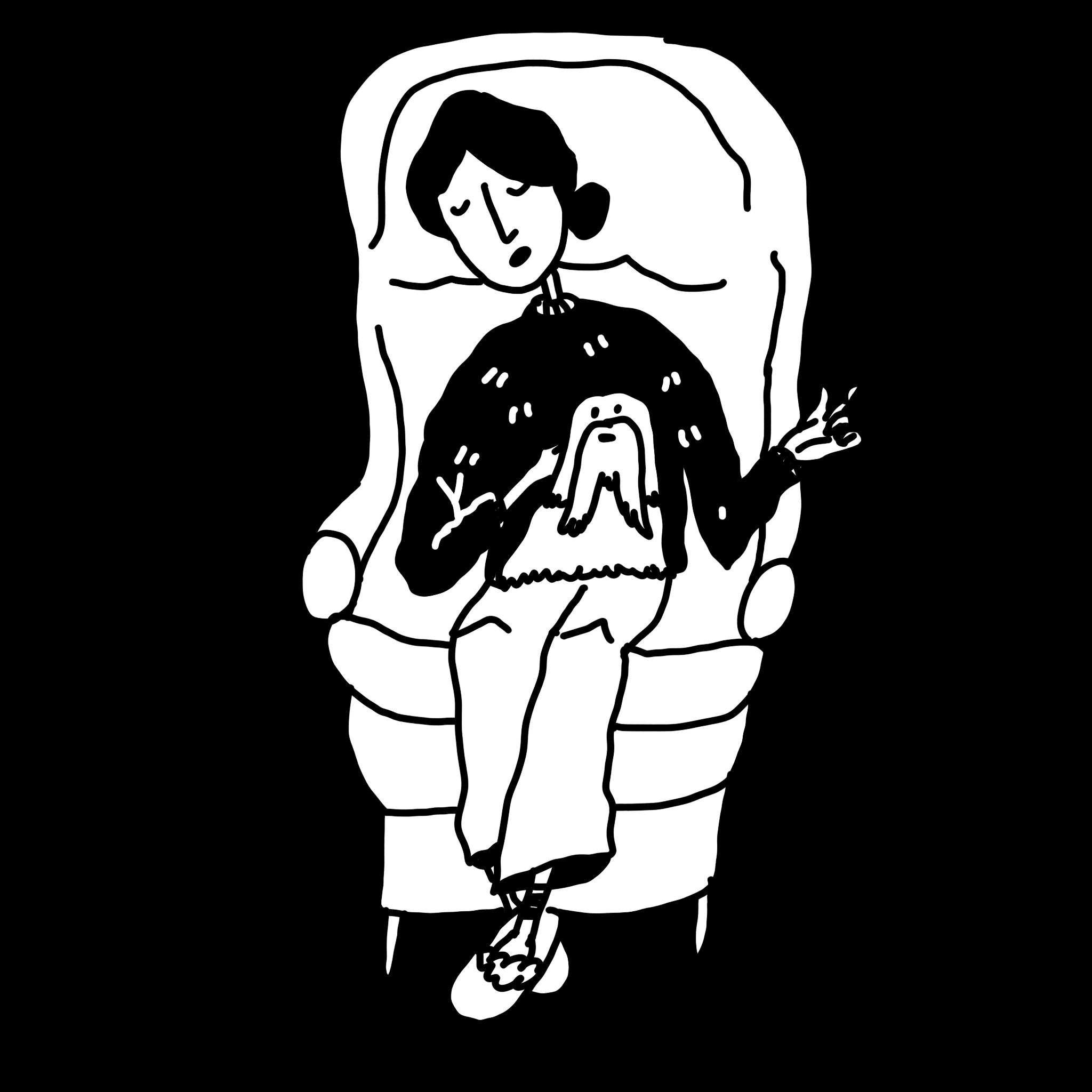 Illustrated woman wearing a sweater and slippers sitting in an armchair gesturing and speaking as she holds a Shih Tzu on her lap