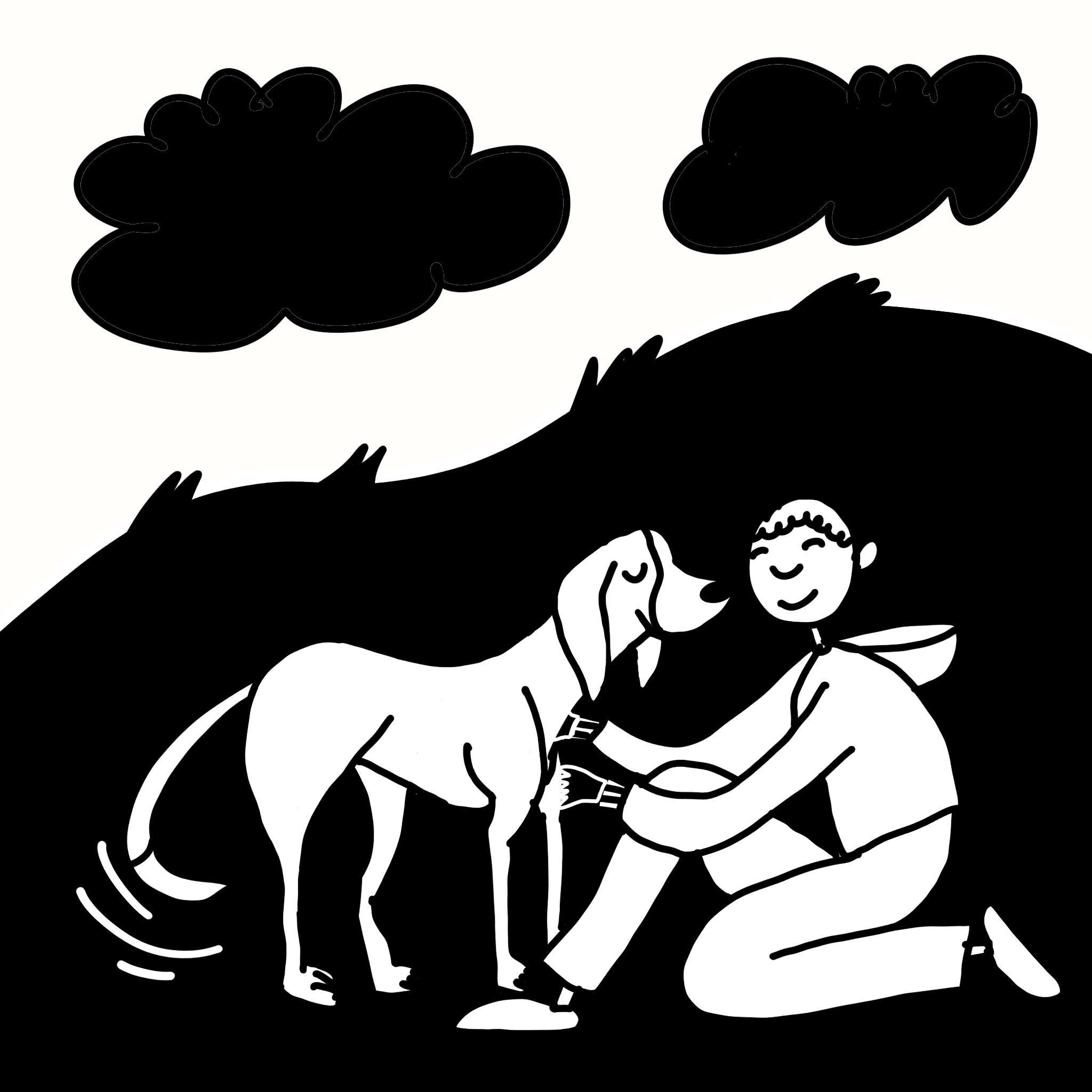 Illustration of person kneeling and petting a hound in a grassy field under clouds in the sky.