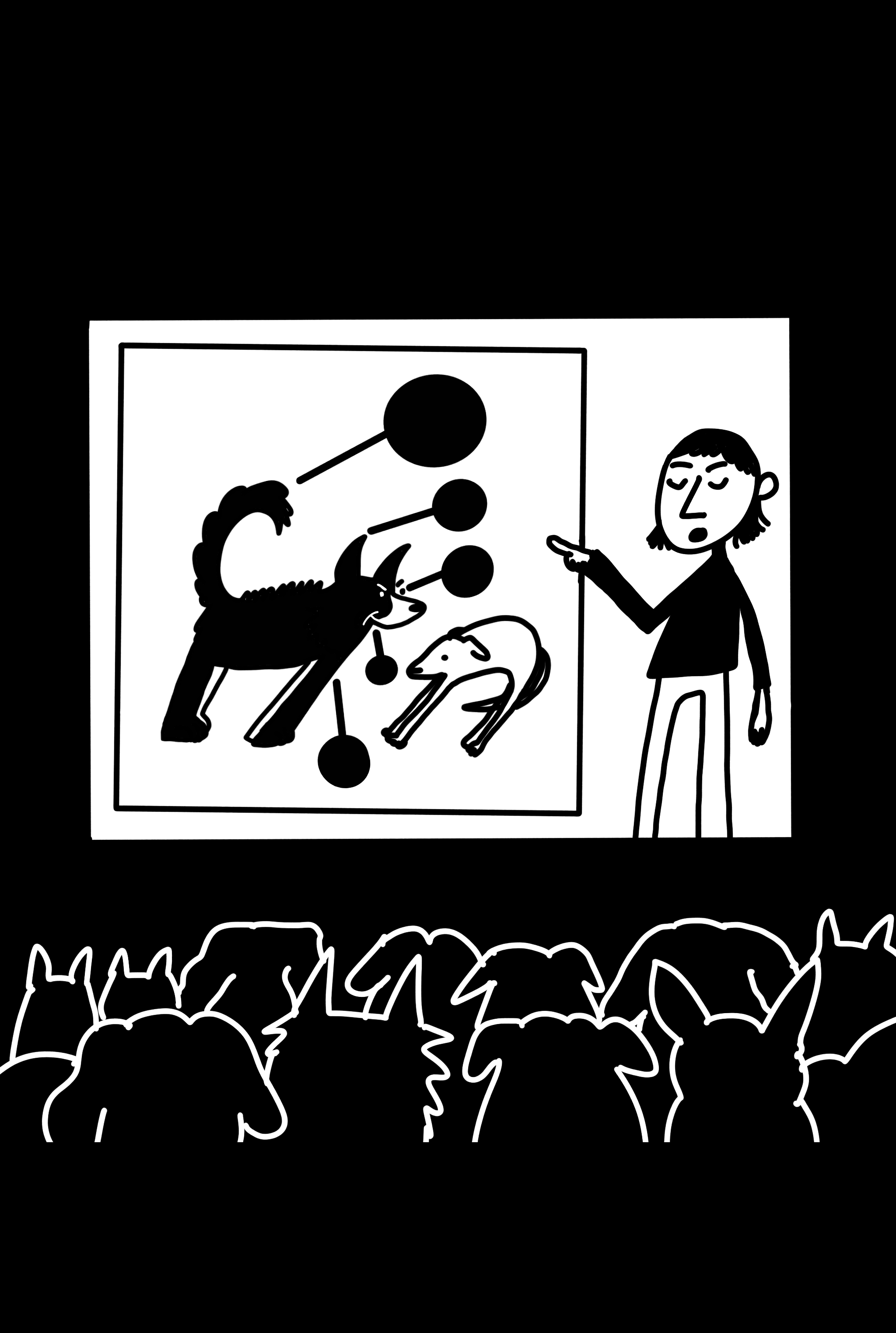 Illustrated person giving a slide show presentation to an audience of dogs. Slide show illustrates an aggressive dog and a fearful dog