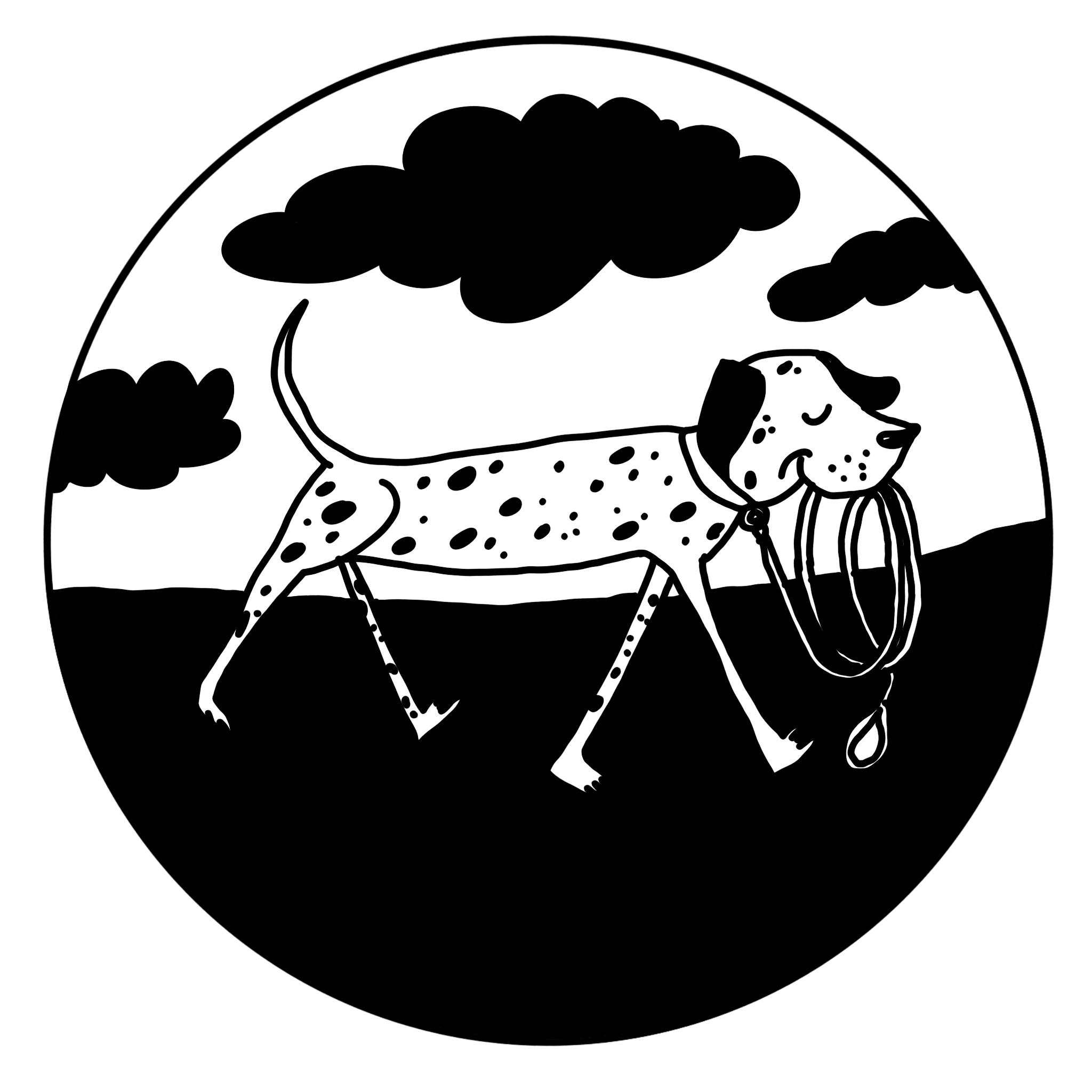 Illustrated Dalmation walking happily, holding its own leash in its mouth