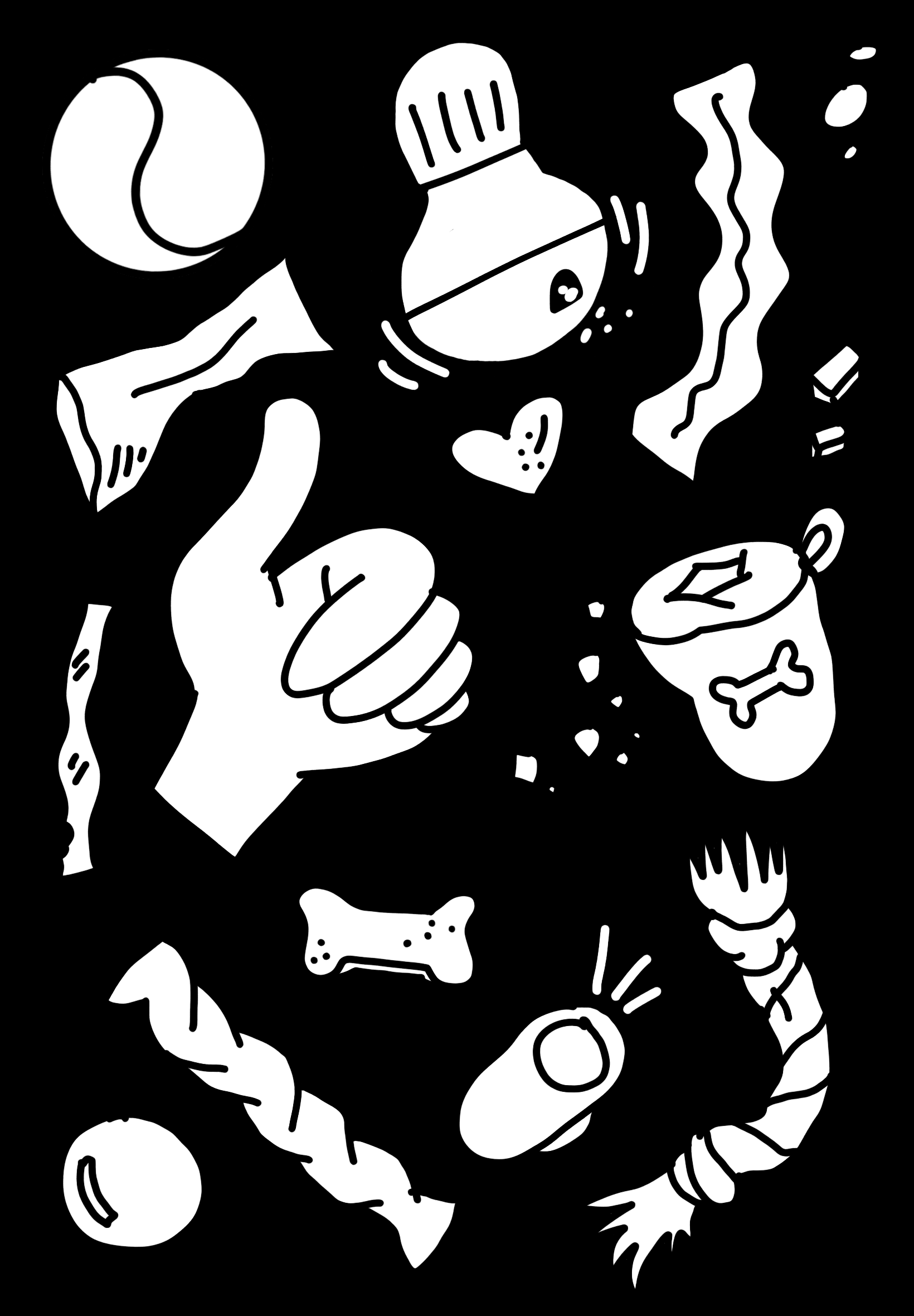 Illustrated tools for positive reinforcement including a wobbler feeder, tennis ball, rope toy, clicker, thumbs up, and various treats