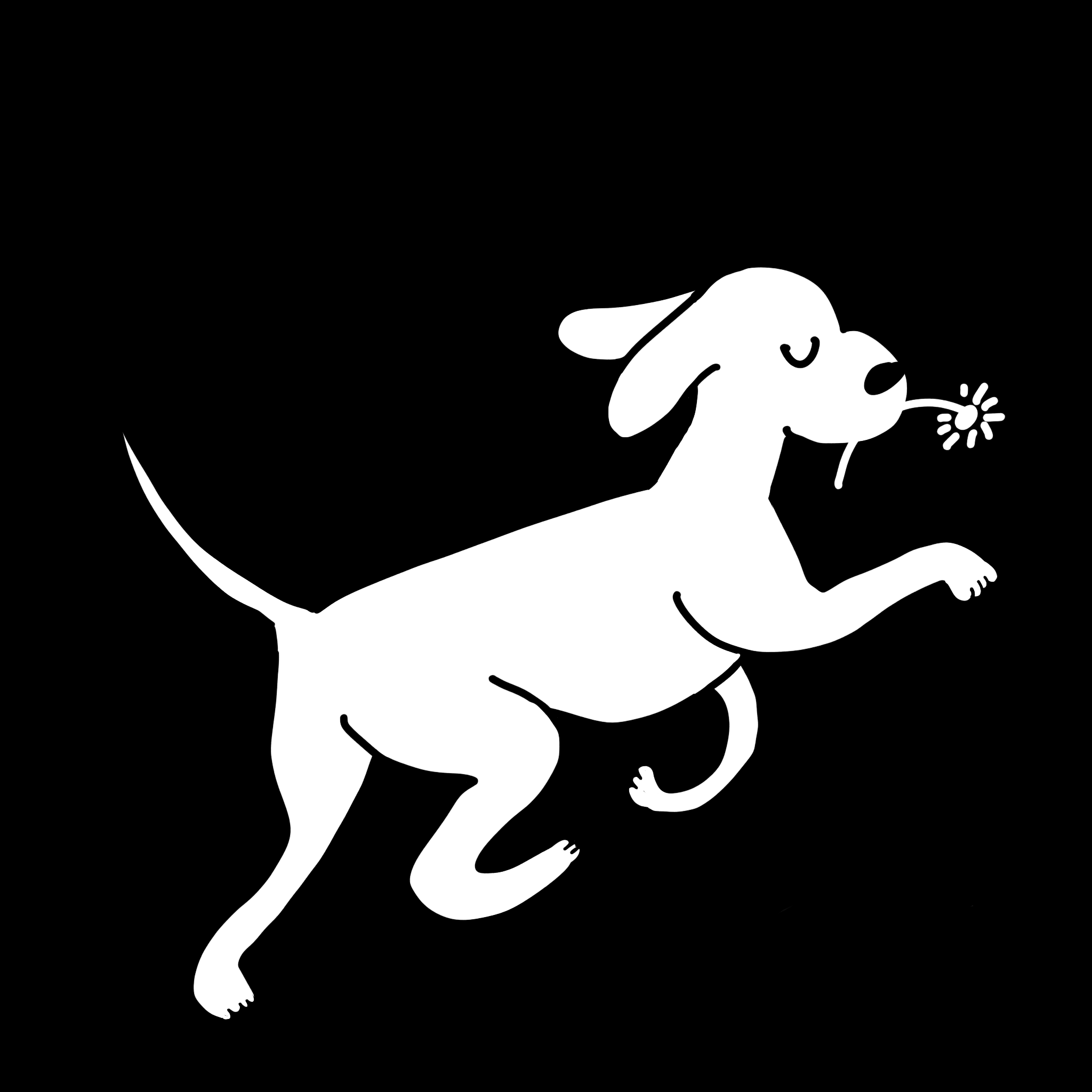 Illustrated logo of a dog prancing holding a flower in its mouth