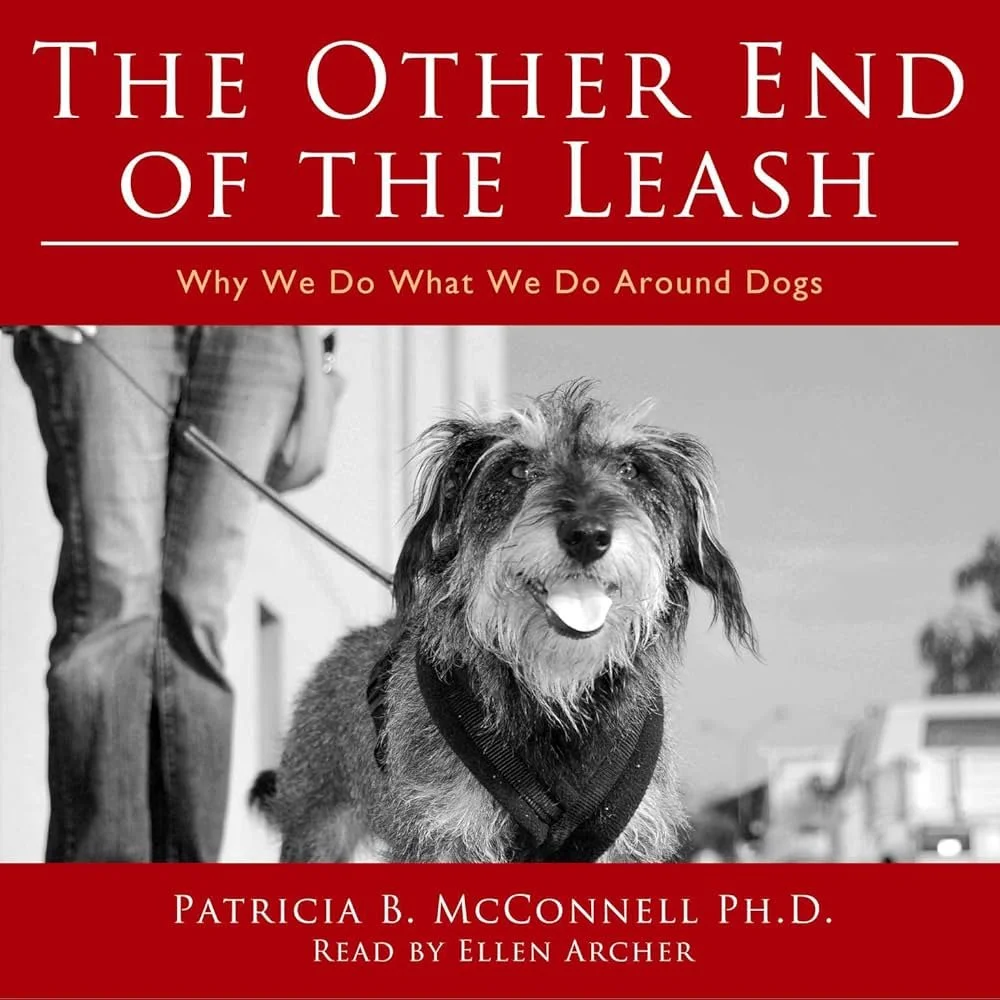 Book cover showing wirehaired dog on leash attached to a person. Only their jeans are visable. Subheading: Why We Do What We Do Around Dogs