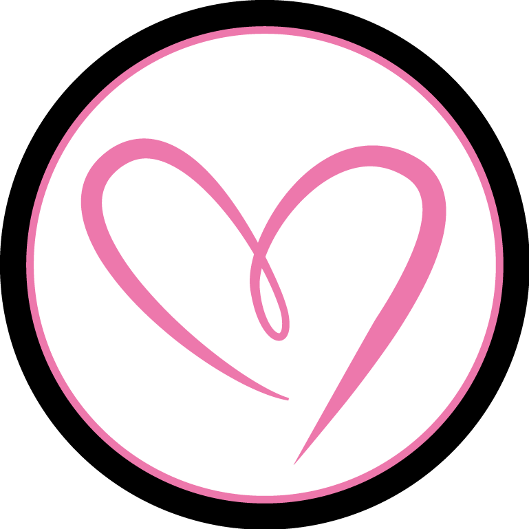 Pink handwritten heart inside a circle with a black border.