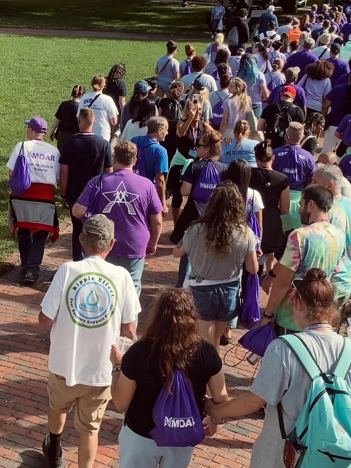 A large group of people participating in an outdoor walk or march, many carrying purple drawstring bags, with a grassy area on one side and a paved path.