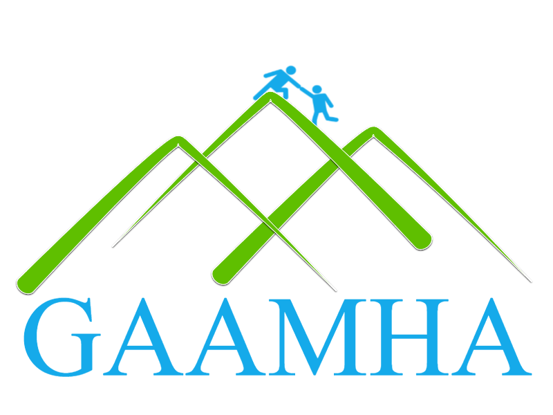 A logo with green mountain peaks, a stylized blue figure of a parent holding a child's hand on the tallest peak, and the word GAAMHA written below in blue.