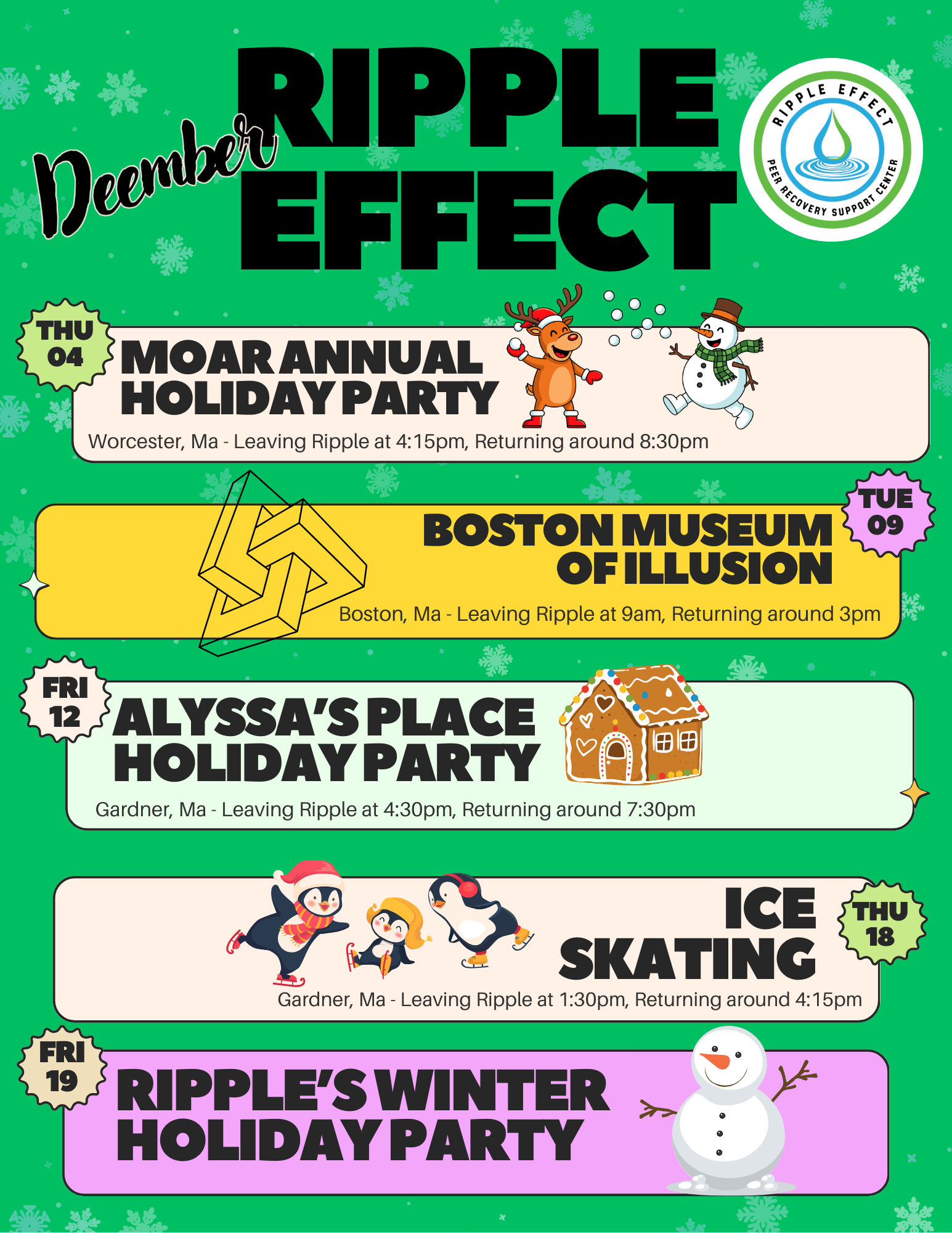 Event schedule poster for Ripple Effect community events in December, featuring holiday parties, museum visit, ice skating, and winter holiday celebration, with festive graphics and snowflakes in the background.
