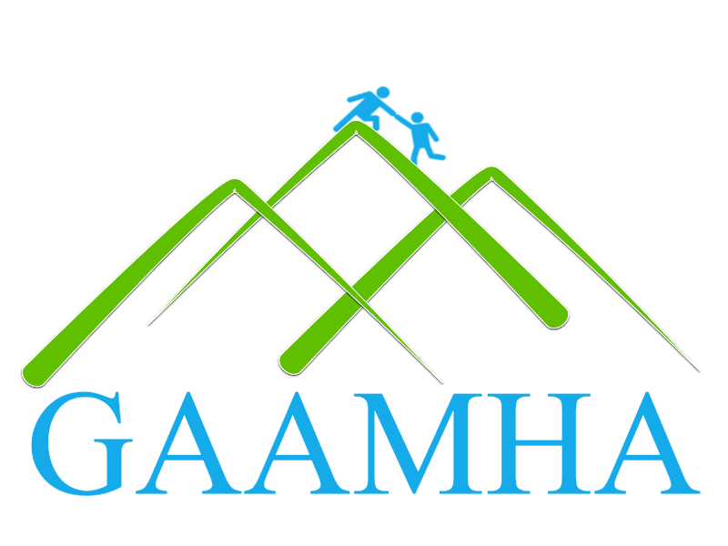 Logo featuring mountain peaks formed by golf clubs with two figures climbing on top, and the text "GAAMHA" below in blue.