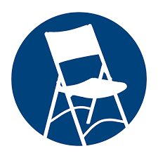 Icon of a white folding chair on a blue circular background.