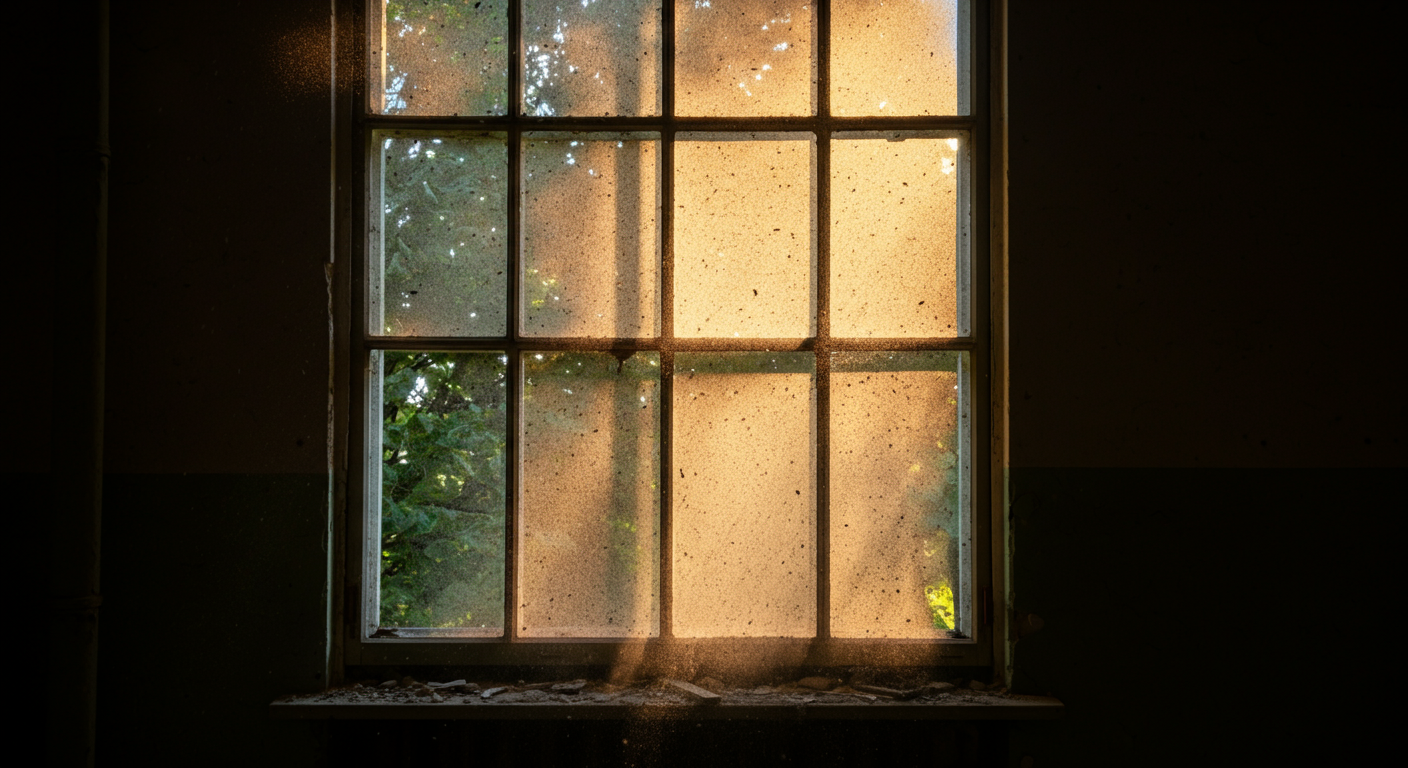 Sunlight shining through a dusty, dirty window with a view of green foliage outside, in an old, abandoned building.