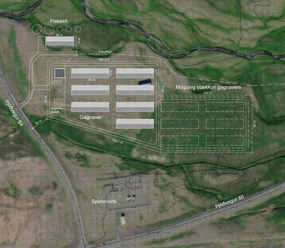 A site plan showing multiple buildings, parking areas, and surrounding roads, with labels indicating structures and roads in an outdoor area.