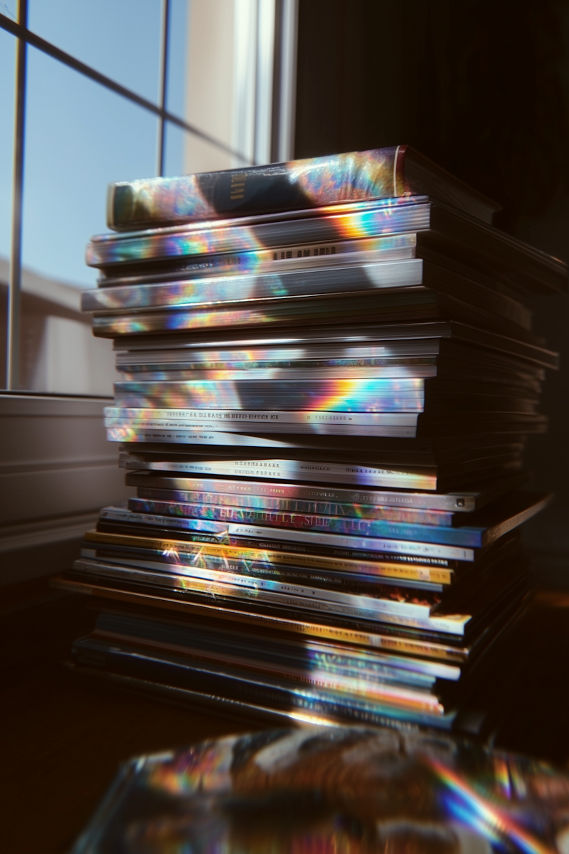 A large stack of colorful magazines sitting near a window, with sunlight creating rainbow reflections on their covers.