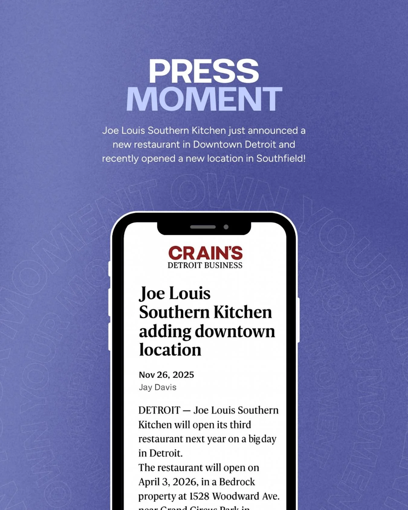 @jlskdetroit - a fast-growing restaurant brand honoring the legacy of boxing legend Joe Louis - will soon open its third location in the heart of downtown Detroit. This past winter, the business also expanded into Metro Detroit, celebrating the grand